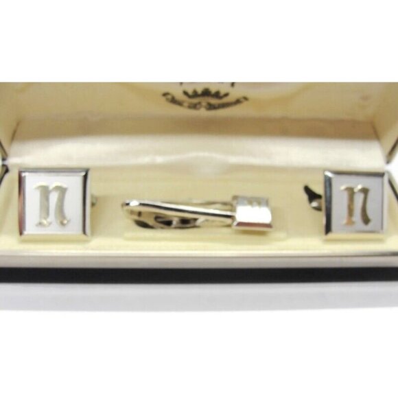 Signed Swank Set Silver Tone Square Cufflinks Neck Tie Clip Shirt Vintage IOB - Picture 10 of 12